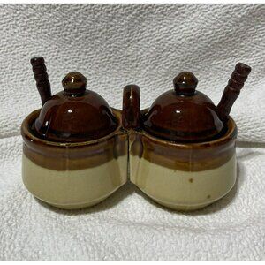 Vintage Brownstone Stoneware Glazed Ceramic condiment dish w lids spoons Taiwan